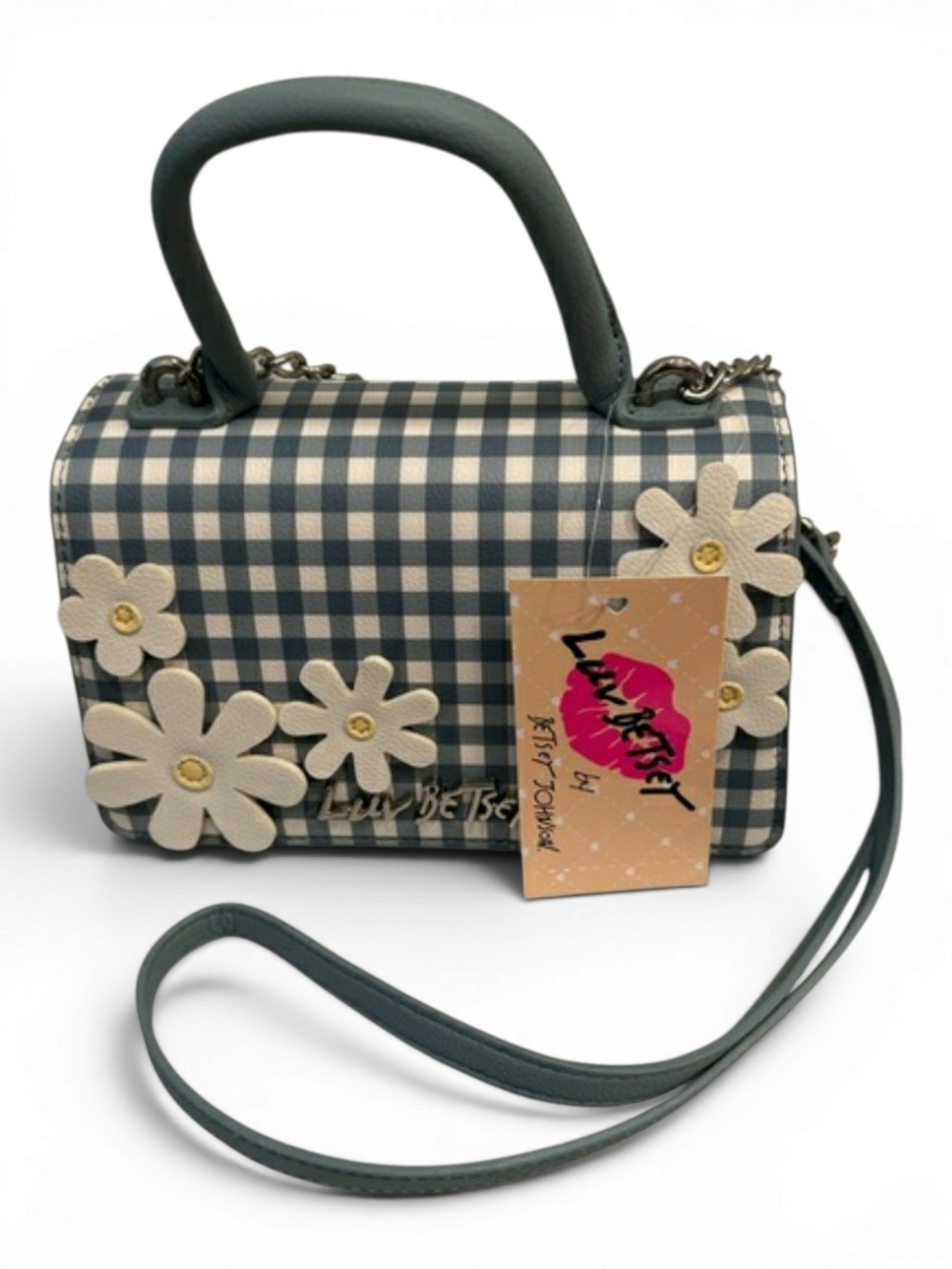 Betsey Johnson Blue Gingham Crossbody w/ Cream Daisy Appliqués NWT!